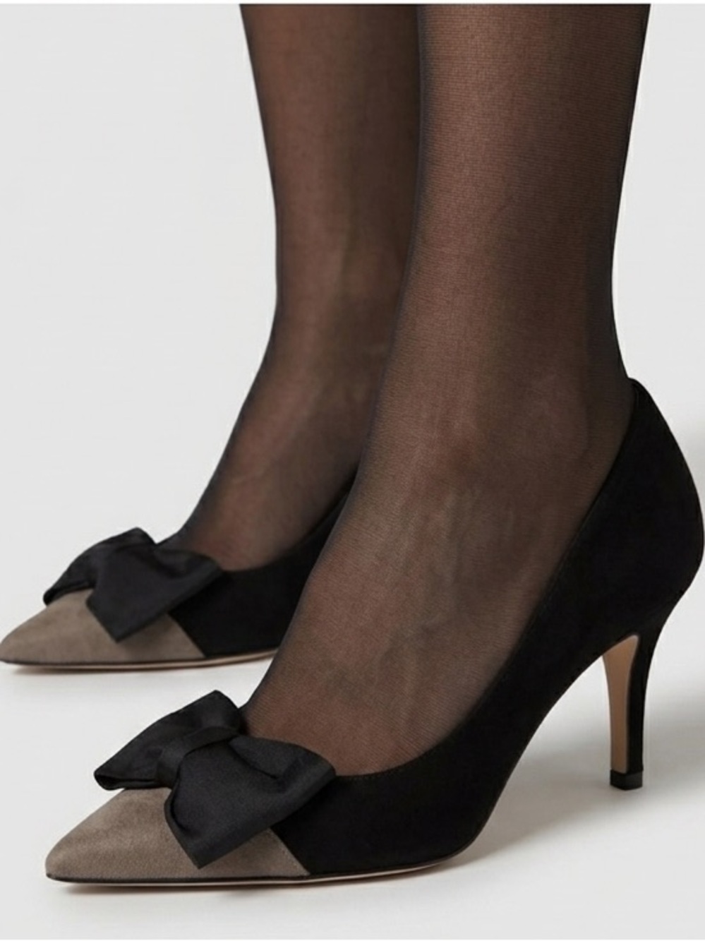 Bettye Muller Black and Tan Pointed Toe Heels with Bow